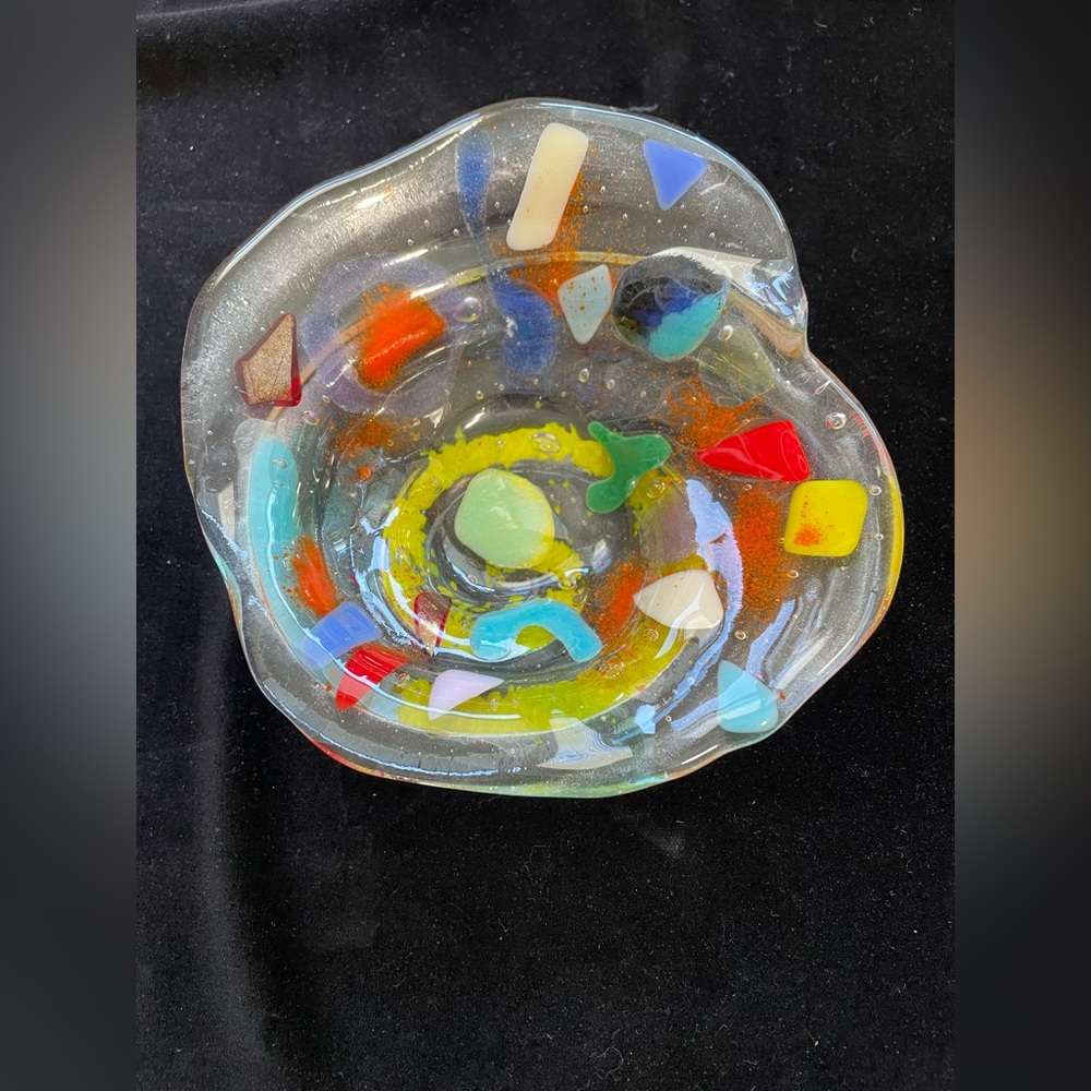 "Circles Of Joy “Contemporary Fused Art Glass  Abstract Handmade 6.5”x3 “ OOAK